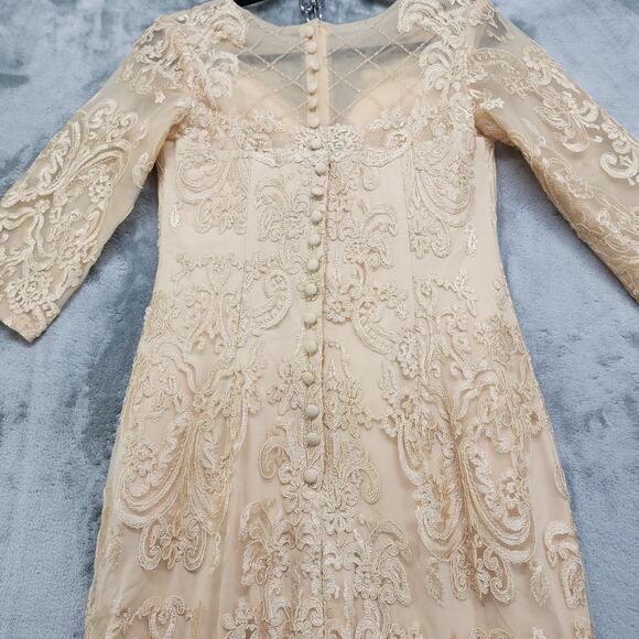 Formal Dress Jacket Set Size 8 Champagne Gold Beaded Lace Chiffon Sheath Party - Picture 7 of 14